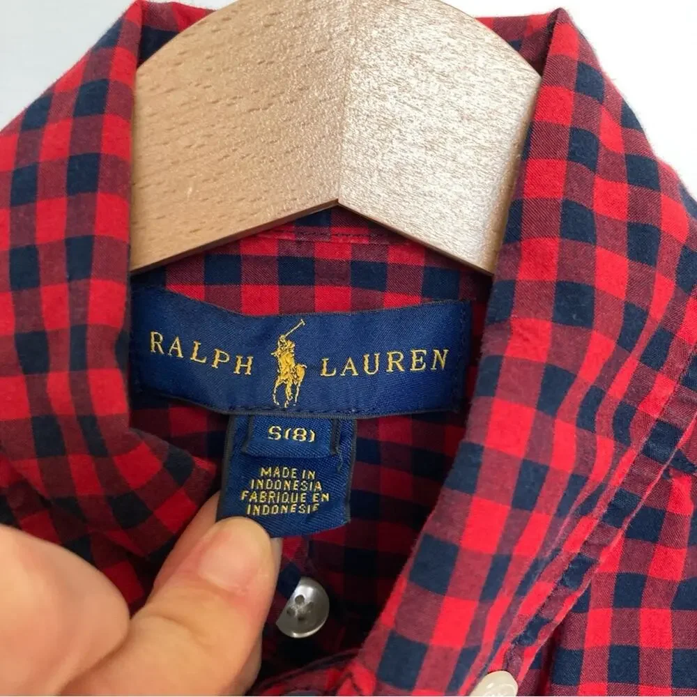 Ralph Lauren Gingham Button Down Boys Size 8 Red and Navy Blue